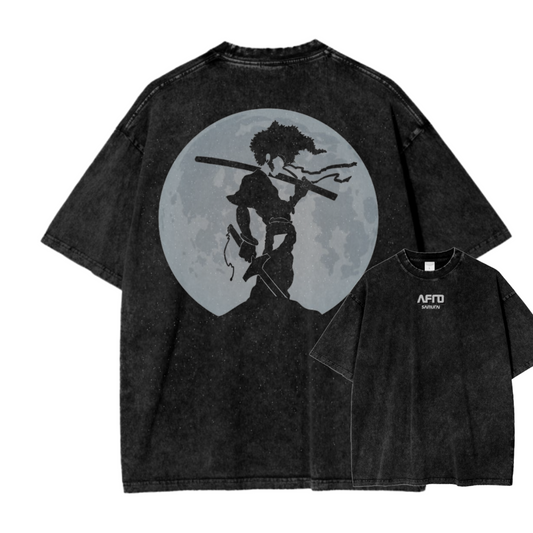 A black t-shirt with a minimalist Afro Samurai design, highlighting his intense gaze and the legendary headband.

