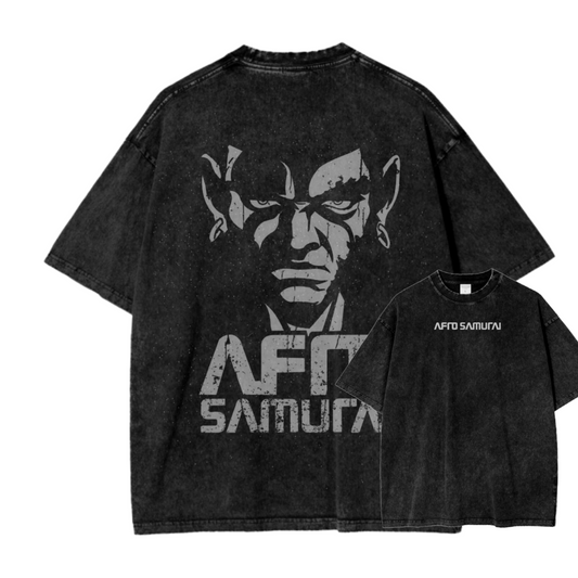 A stylish t-shirt with Afro Samurai holding his katana, surrounded by a swirling, smoky artistic background.