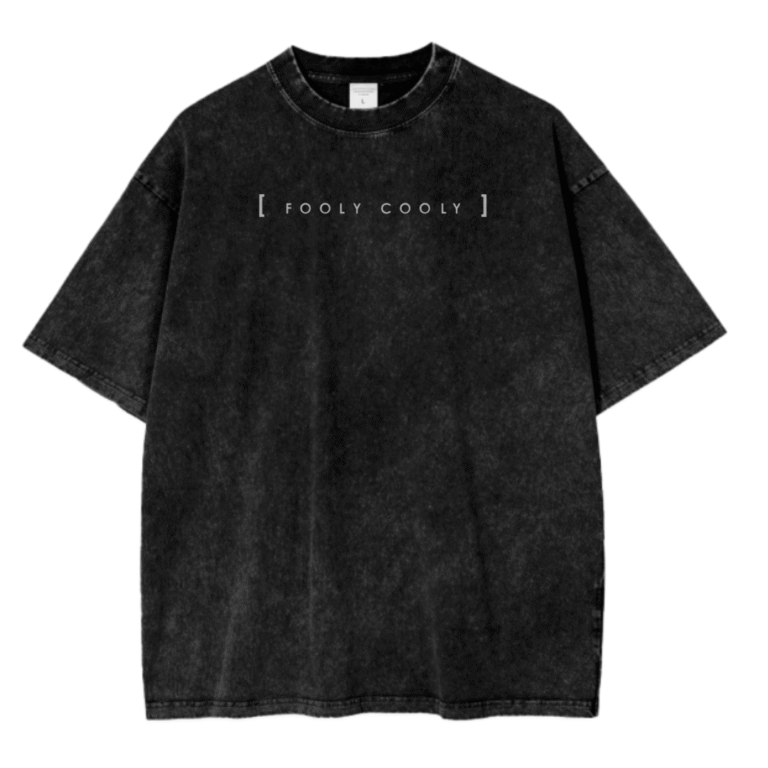 A black acid wash t-shirt featuring a bold Fooly Cooly (FLCL) design