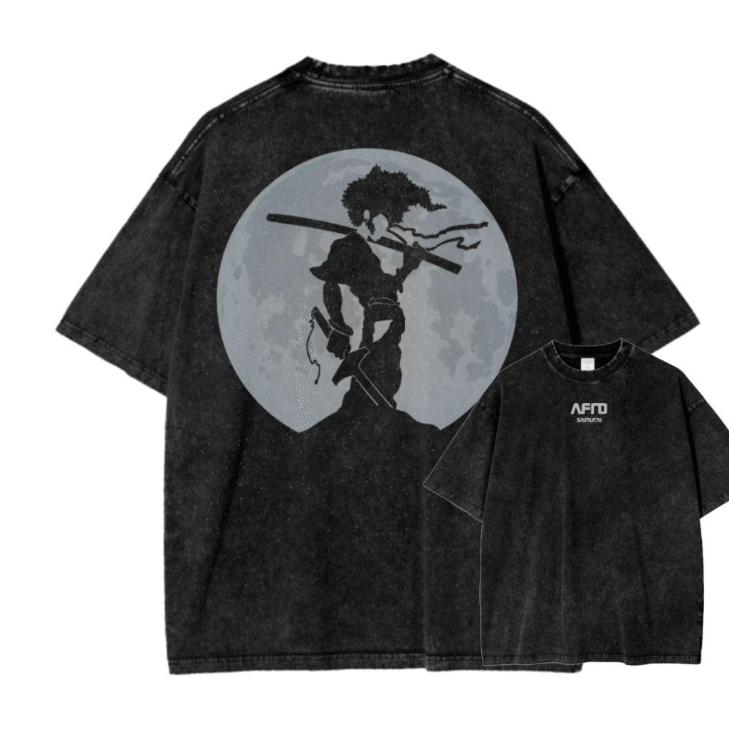 A black t-shirt with a minimalist Afro Samurai design, highlighting his intense gaze and the legendary headband.