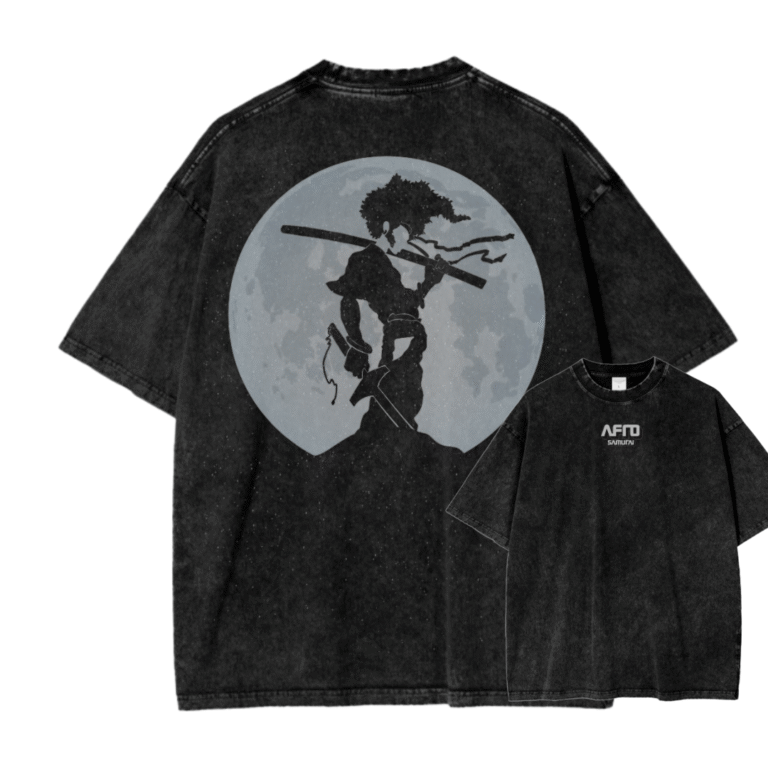 A black t-shirt with a minimalist Afro Samurai design, highlighting his intense gaze and the legendary headband.