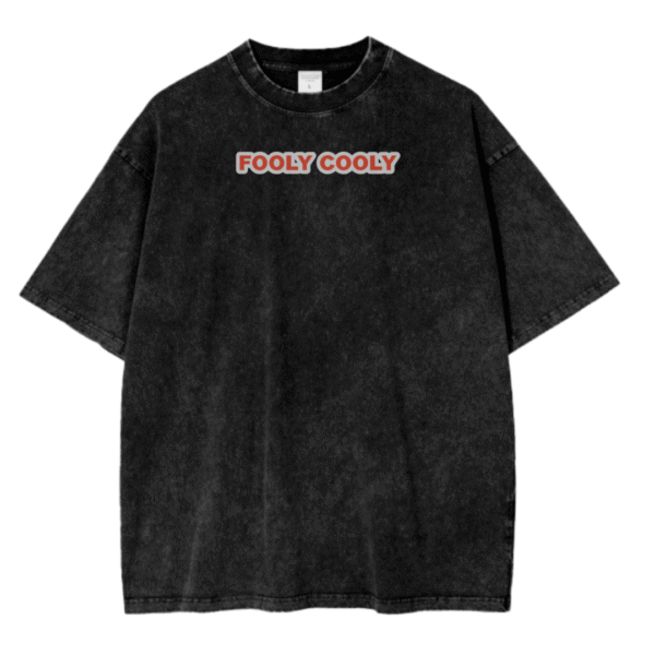 A black acid wash t-shirt featuring a bold Fooly Cooly (FLCL) design 