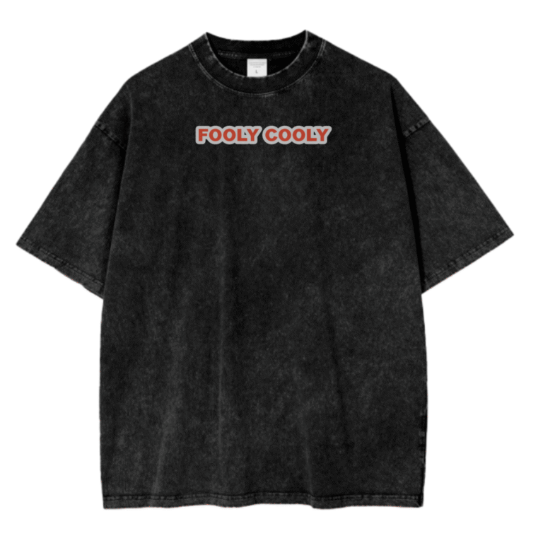 A black acid wash t-shirt featuring a bold Fooly Cooly (FLCL) design