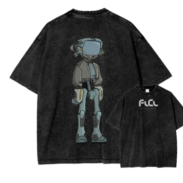 
"A stylish hoodie with a colorful Fooly Cooly (FLCL) print, showcasing Canti the robot surrounded by dynamic comic-style graphics."