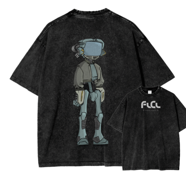 "A stylish hoodie with a colorful Fooly Cooly (FLCL) print, showcasing Canti the robot surrounded by dynamic comic-style graphics."