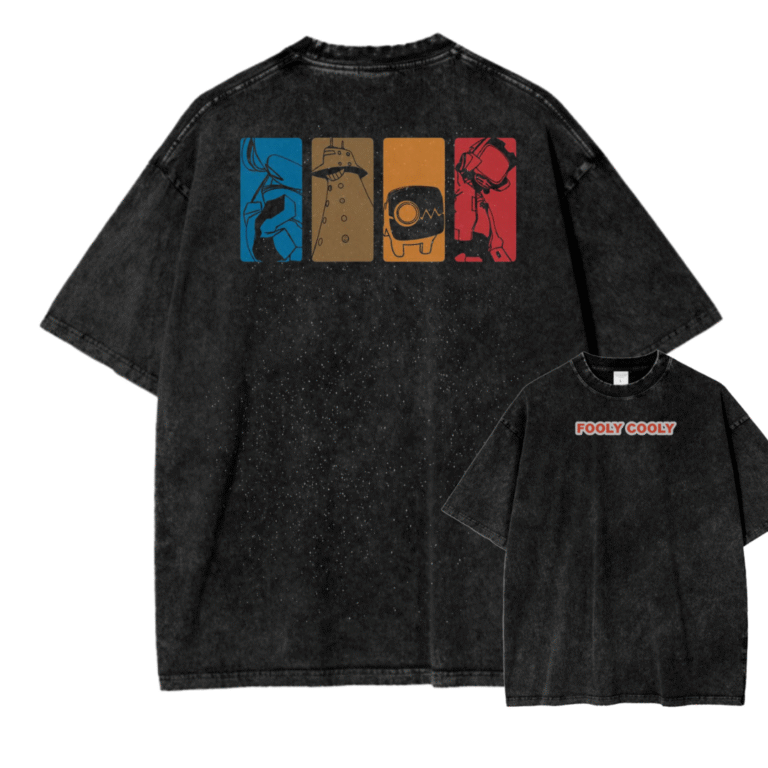 A stylish hoodie with a colorful Fooly Cooly (FLCL) print, showcasing Canti the robot surrounded by dynamic comic-style graphics.
