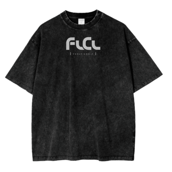 A black acid wash t-shirt featuring a bold Fooly Cooly (FLCL) design 