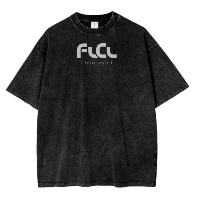 A black acid wash t-shirt featuring a bold Fooly Cooly (FLCL) design